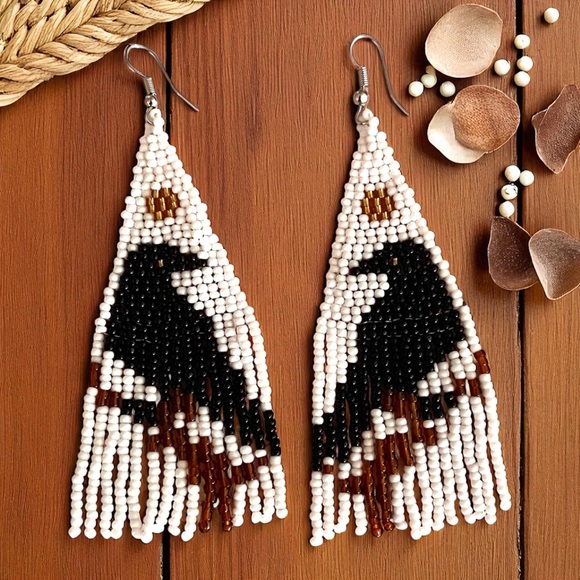 Handcrafted Raven Beaded Earrings Fringe Boho Witchy - Picture 13 of 16